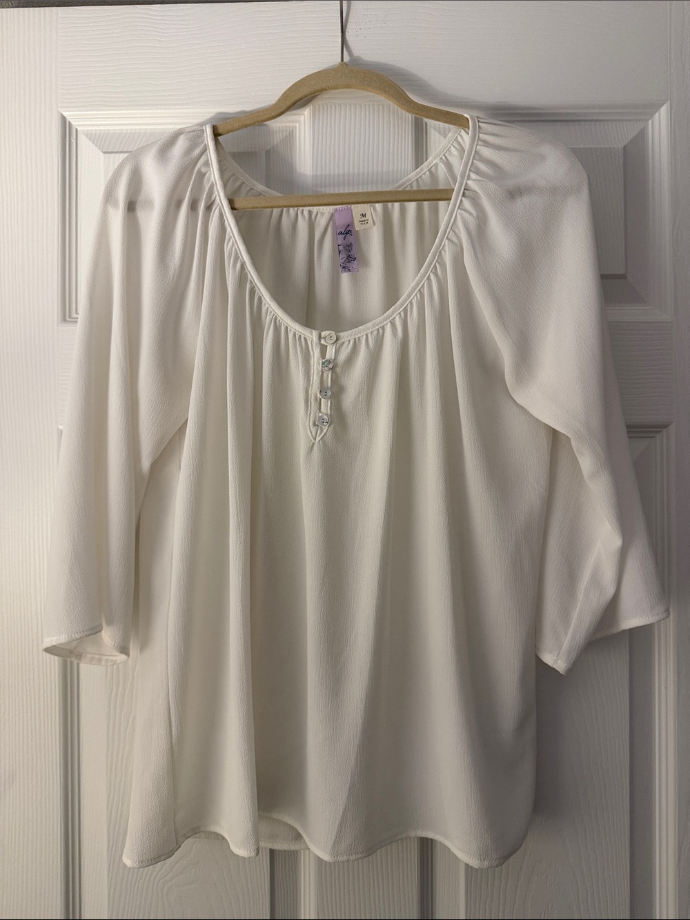 Alya Ivory Scoop-Neck Peasant Blouse with Button Placket
